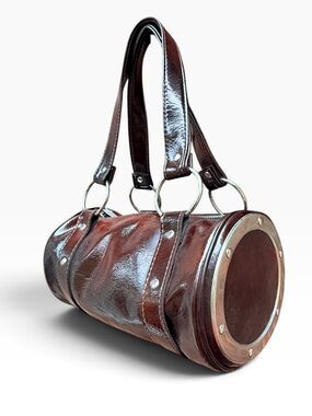 Vintage Jaclyn USA Dark Brown Burgundy Patent Leather Cylinder Barrel Bag Purse